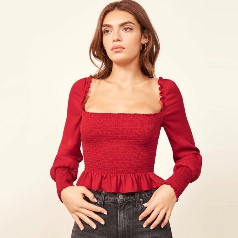 REFORMATION Francis Red Smocked Long Sleeve Square Neck Top